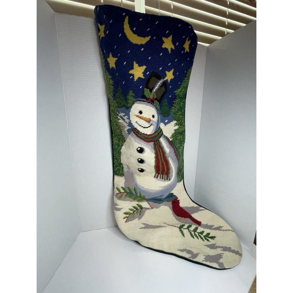 Handcrafted Snowman Needlepoint Embroidered 26" Long Christmas Stocking Oversize